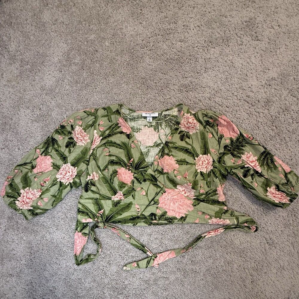 Agua Bendita For Target Peony Floral Print Tie Wrap Top XL Linen Blend
